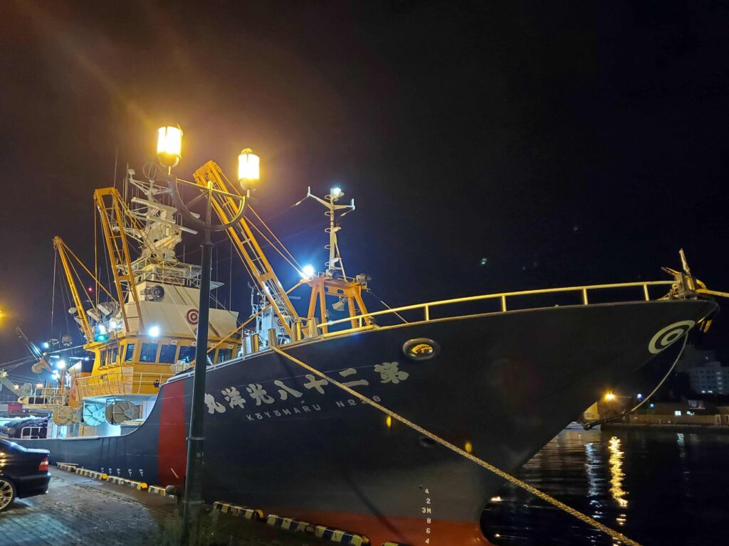 釧路港に夜停泊する漁船